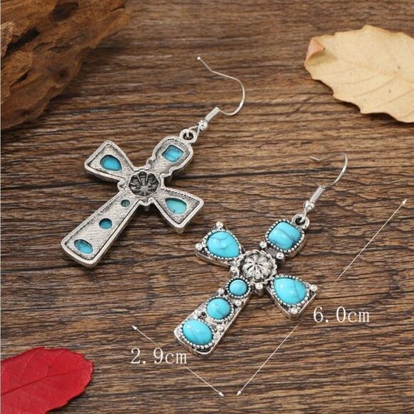 Faux Turquoise Cross Decor Drop Earrings Zinz Alloy - Picture 2 of 11